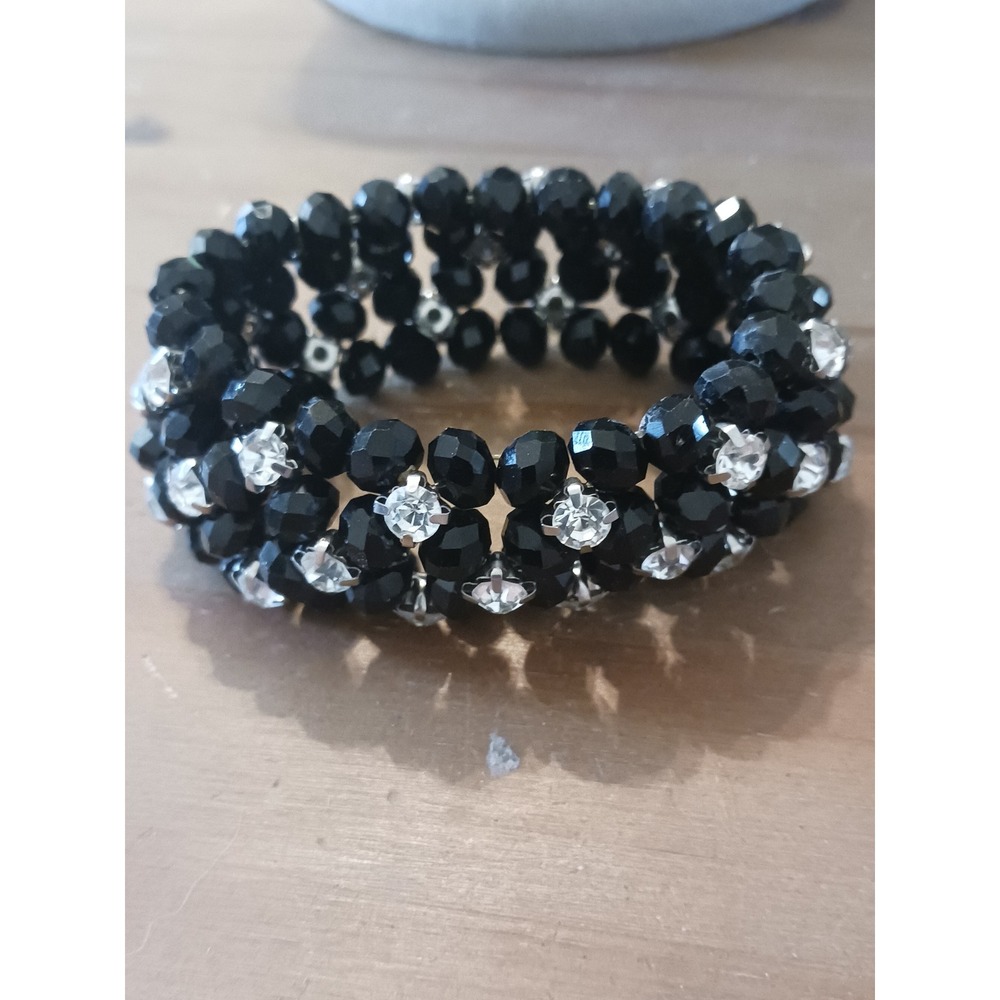 Black Beaded Stretch Cuff Bracelet Rhinestone Floral Accents Formal Jewelry